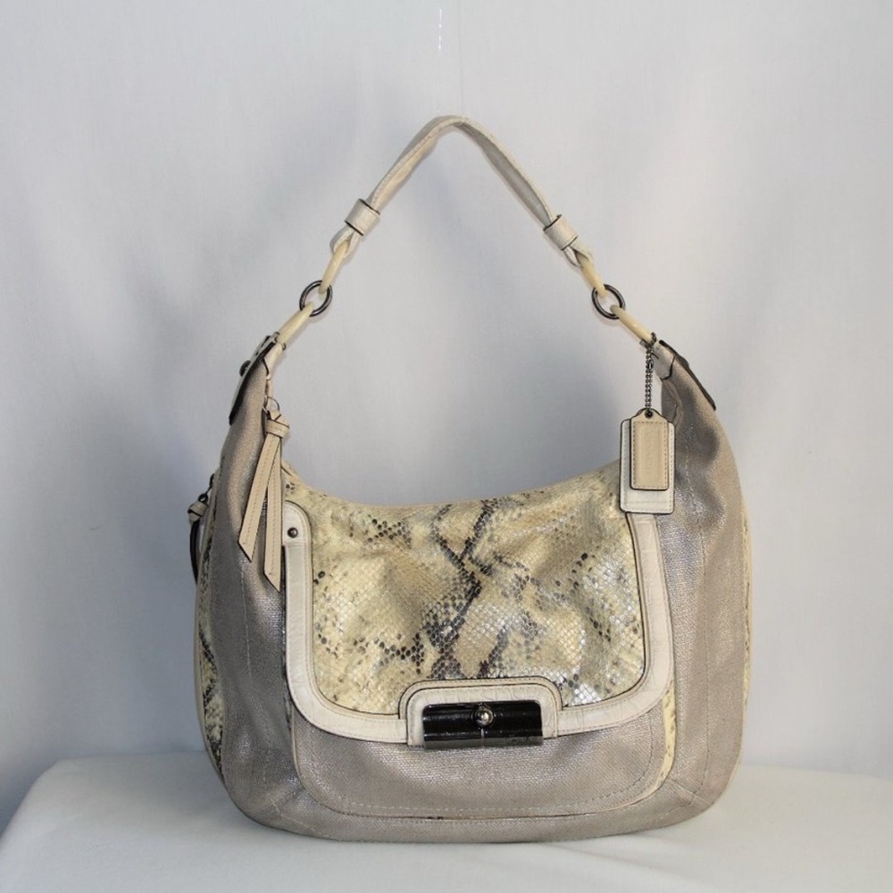 Coach Beige and Silver linen Snakeskin Shoulder Bag